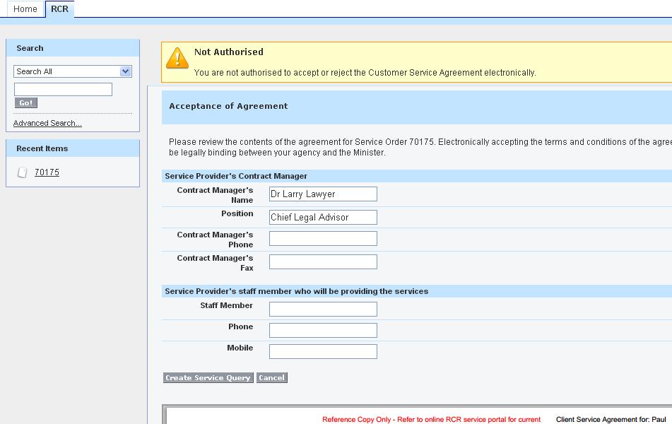 4. If you are not authorised to accept CSAs, you will see the following error message at the top of the Acceptance of
