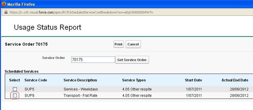 Accessing the Usage Status Report The Usage Status Report can be accessed from RCR Service Order screen.