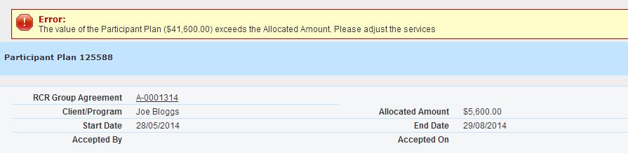Notice that the Accepted By and Accepted On fields are blank. These fields will be populated once the Accept Participation Plan button has been pressed. This screen is automatically in Edit mode.