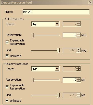 Resource Management Guide 4 Specify Shares of High for both CPU and memory resources of RP QA. 5 Create a second resource pool, RP Marketing: a b c Leave Shares at Normal for both CPU and memory.