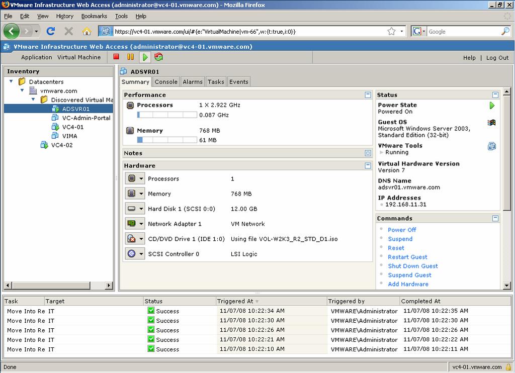 VMware vsphere Components vsphere Web Access Optional web browser interface to manage VMs Subset of