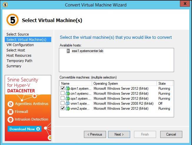 vsphere ESXi to Hyper-V Conversion Wizard The Select Source page is where the IP address or the host name of ESXi host is entered along with the user credentials to connect to the specified host.