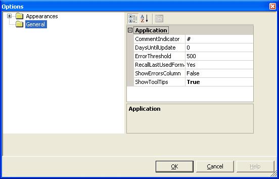 The option RecallLastUsedFormatFile is displayed under the Application section. The default setting is Yes, which indicates the last format file used in EDP will open during the following EDP session.