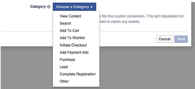4. Below the URL box, select a category for your custom conversion and click Next. 5. Give your custom conversion a name and description (optional).