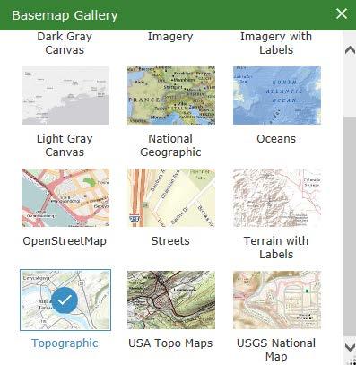 Basemap Gallery gives the user eleven options for their map view. These basemaps are visible under the active layers.
