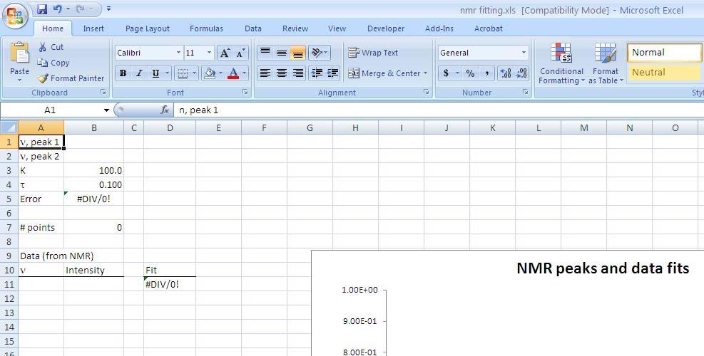 Opening the data in Excel and fitting the peaks 1. Open the Excel sheet named nmr fitting.xls ; the file should be compatible with older versions of Excel. 2.