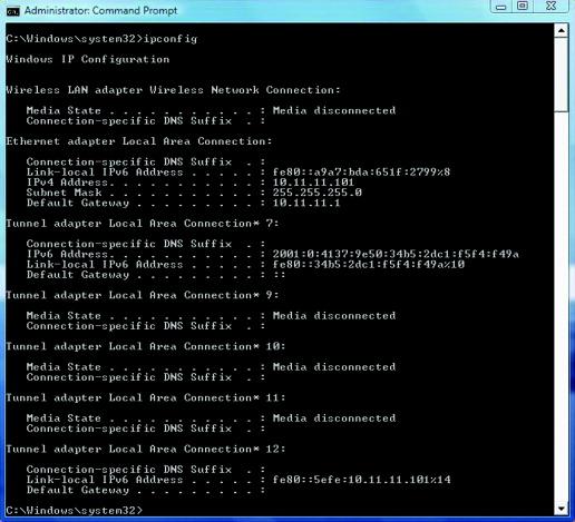Figure 10-9 Output of an ipconfig command on a Windows