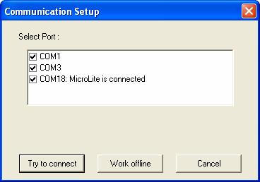 Chapter 2 MicroLab Lite Click Logger on the main menu and select Com setup to open the Communication Setup