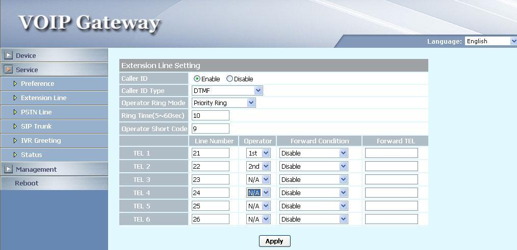 Service_Extension Line (Figure 11) In the Service_Extension Line Setting section (see figure 11), you can set the operator priority of the extensions for incoming call.