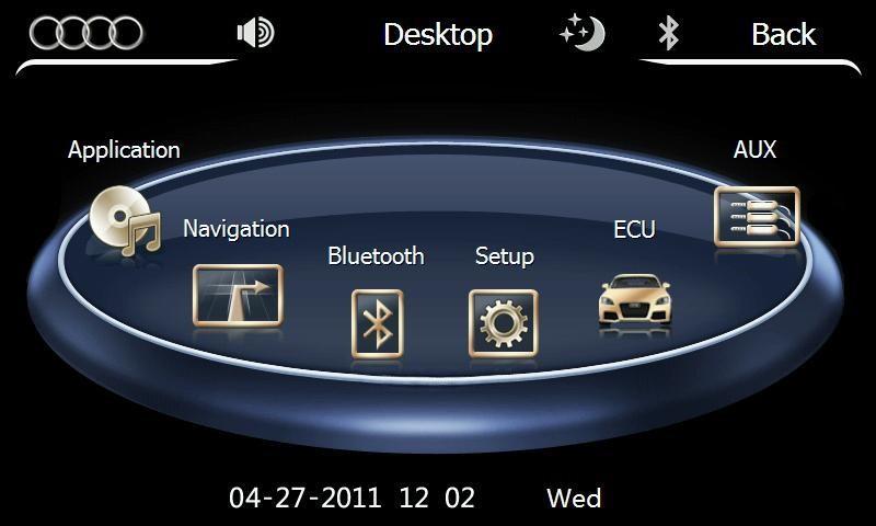 HOME PAGE OPERATION Enter the main menu automatically when connected the power. Common function: Navigation, DTV, Bluetooth, etc.