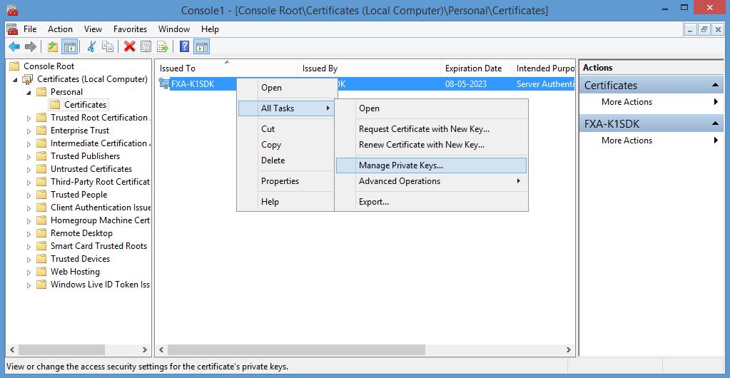 8. Right-click on the certificate, point to All