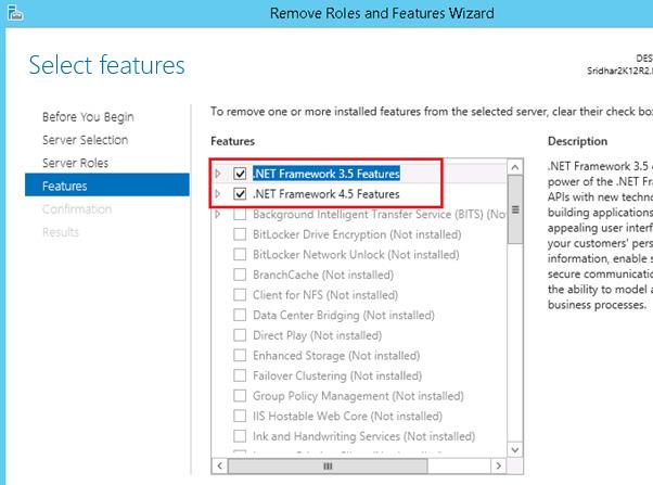 3. Click Features on the left pane and ensure that the features selected on the following