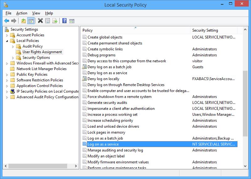 2. Go to Security Settings > Local Policies > User Rights Assignment and then