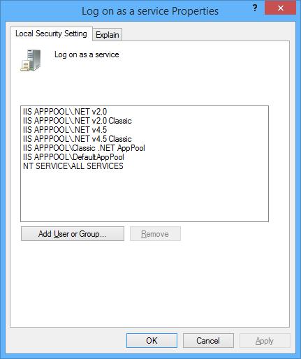 The Log on as a service properties screen is displayed.