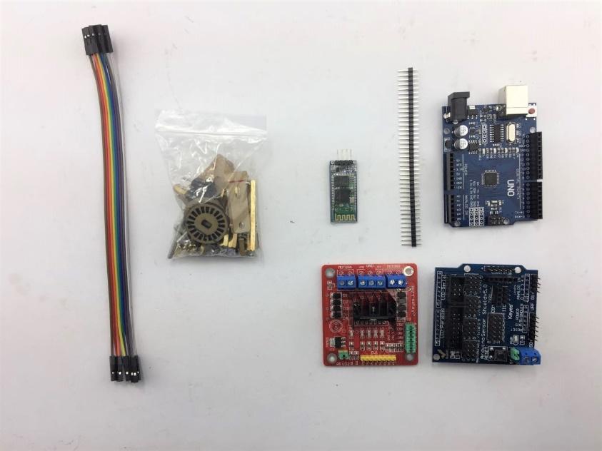 Arduino UNO Development Board 3. Arduino Sensor shield V5.0 4. L289N Motor Driver Board 5. Bluetooth Module 6.