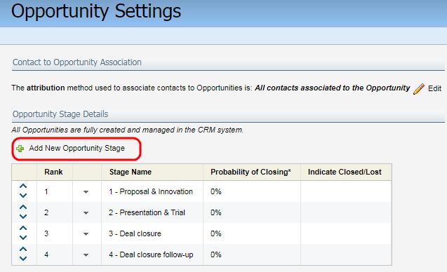 6. Complete the settings on the New Opportunity Stage page by: Typing a name into the Opportunity Stage Name field. Providing a percentage for the Probability of Closing field.