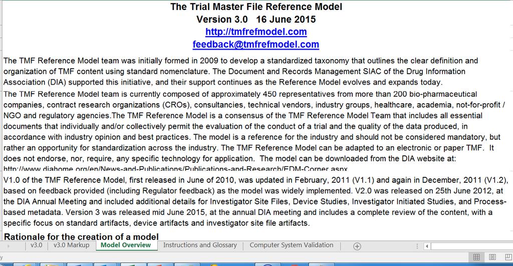 4.3 TMF Model Overview Tab The TMF RM Overview tab contains background information regarding the development and purpose of the TMF RM in general as well as links to the website where a variety of