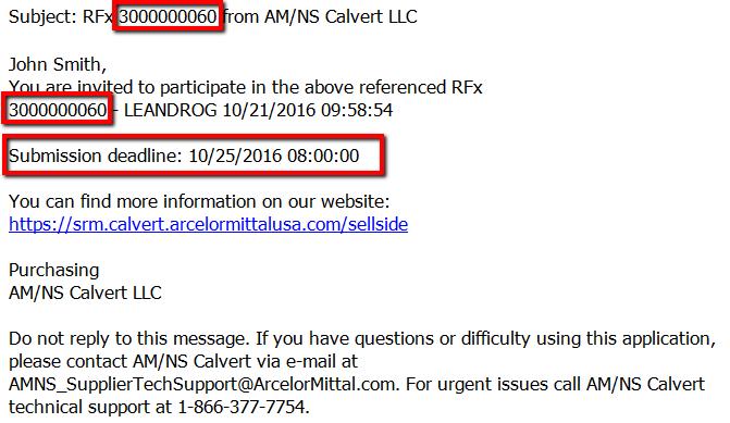 1.2. Viewing an available RFx 1.2.1. Receiving notifications by e-mail This section describes the e-mail notifications sent by AM/NS Calvert SRM Bid Platform and the action required in each case.