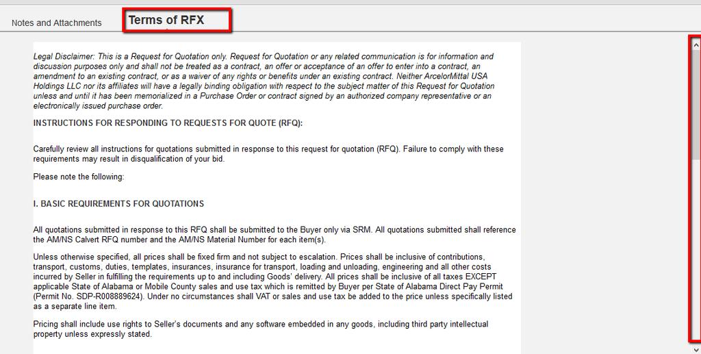 The tab Terms of RFx contains the terms and conditions for that RFx.