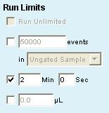 Figure 2-3. Run Limits: Disable Run Unlimited 10. Enable the Time check box next to the Min and Sec fields in the Instrument Control Panel and type in a run time of two minutes. 11.