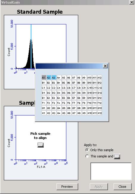 CFlow User Guide 8. Open the sample to be aligned by clicking on the corresponding blue well in the pop-up sample grid (the gray well indicates the standard sample currently selected).