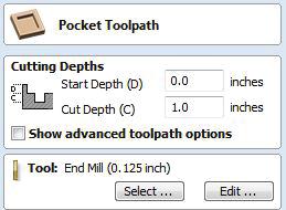 2. Once you have all the shapes you d like selected, click on the Pocket Toolpath icon. Set the Start Depth to zero and your Cut Depth to the desired depth.