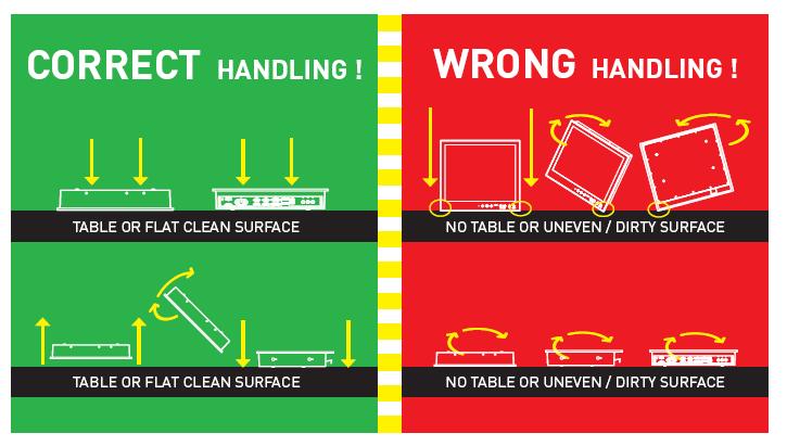 Section 2 Installation and Mounting Instructions ATTENTION: To prevent damage to chassis corners and / or breaking the front glass, please review the illustrations below before handling the units!