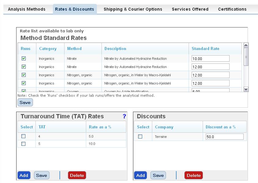 My Data Rates & Discounts Under the Rates & Discounts tab, you can set standard method rates for all of your