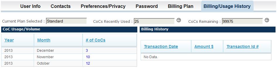 My Account & Lab Details Billing/Usage History The billing history screen summarizes the facility account s COC activity.