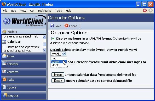 2. Choose a default calendar view from the list. 3. Activate the Always add icalendar... box if you want MDaemon to add incoming icalendar events to users calendars. 4. Use the Save command.