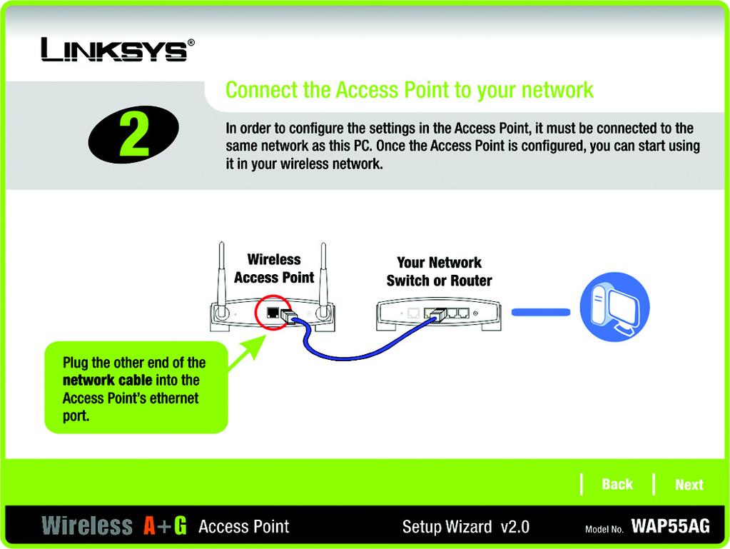 4. Connect the other end of the network cable to the Ethernet port on the back of the Access Point.