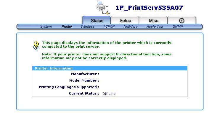 Printer Status 1.Click Status, it then appears the sub-menu. 2.Click Printer, it then as shown in the following picture. Manufacturer: This option allows you to view manufacturer of the printer.