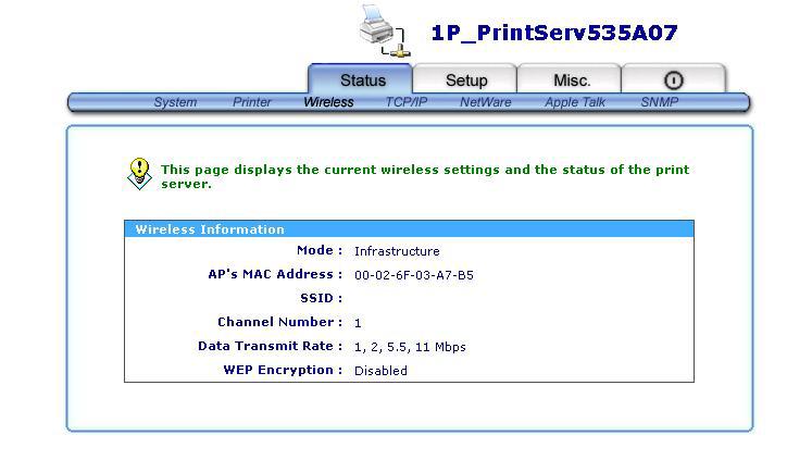 Mode: This option shows the wireless operation mode of your print server.