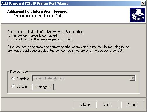 6. In the Add Standard TCP/IP Printer Port Wizard box as shown in the following picture, Select Custom, Click Settings button, and click Next. 7.
