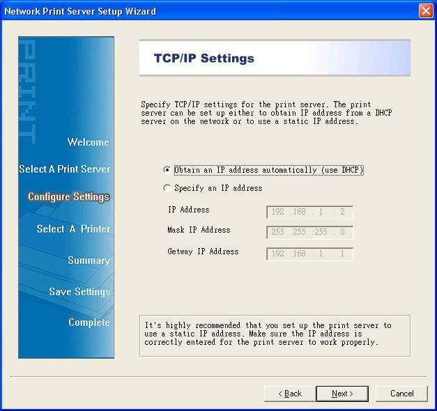 7. Configure TCP/IP settings.