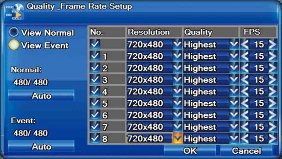 4-3-2. Video Quality and Frame Rate Setup ICON View Normal / View Event No.