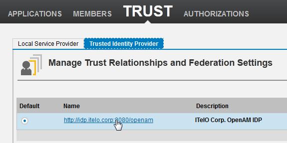 configured. In Trust, select the Trusted Identity Provider tab and select the entry http://idp.itelo.