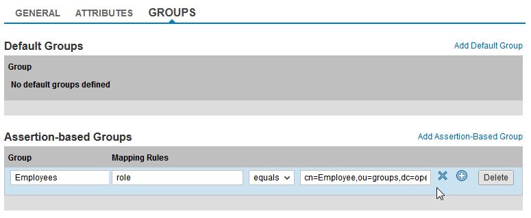 Enter Employees in the Group field and define one Mapping Rule as follows: Assertion Attribute: role Rule Operation: equals Rule Value:
