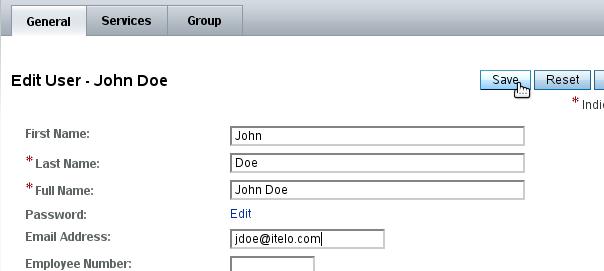 Back on the Subjects User tab, click on the link of the new user John Doe in the User table, and enter the email address jdoe@itelo.com in the Email Address field.