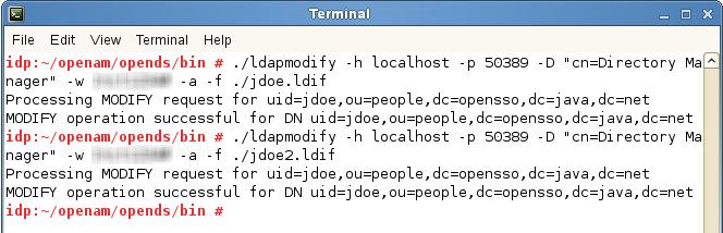To enter the user s department and employee numbers, the command line tool ldapmodify is used, which is located in the local OpenAM configuration directory (e.g. <HOME>/openam/opends).