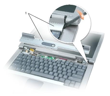 Keyboard: Dell Latitude D505 Service Manual 2 center control cover H1371 3 palm rest (with touch pad) D1482 3. Remove the center control cover: a.