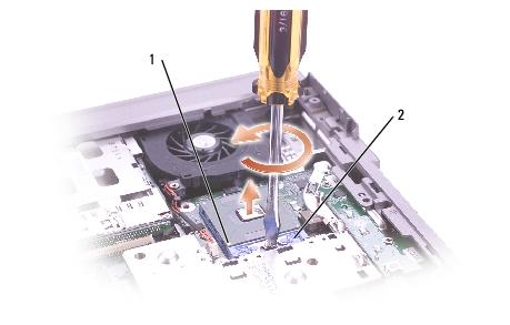 Microprocessor Module: Dell Latitude D505 Service Manual 1 pin-1 corner 2 ZIF socket NOTE: The ZIF-socket cam screw secures the microprocessor to the system board.
