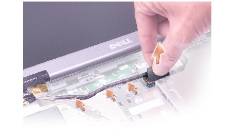 Display Assembly and Display Latch: Dell Latitude D505 Service Manual 6. Release the two antenna cables from the two antenna-securing clips. 7.