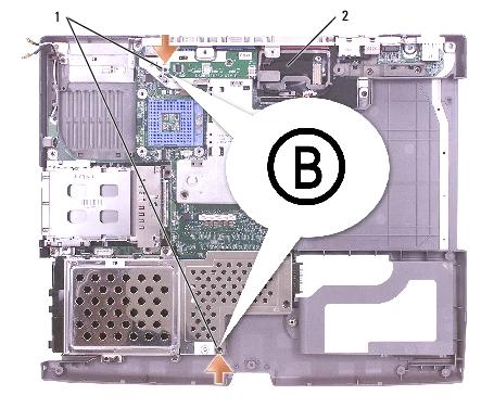 System Board: Dell Latitude D505 Service Manual 1 M2.5 x 5-mm screws labeled "B" (2) 63PDH 2 system board W3344 10.