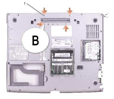 System Board: Dell Latitude D505 Service Manual 1 M2 x 4-mm screws labeled "B" (4) 98MKC 11.