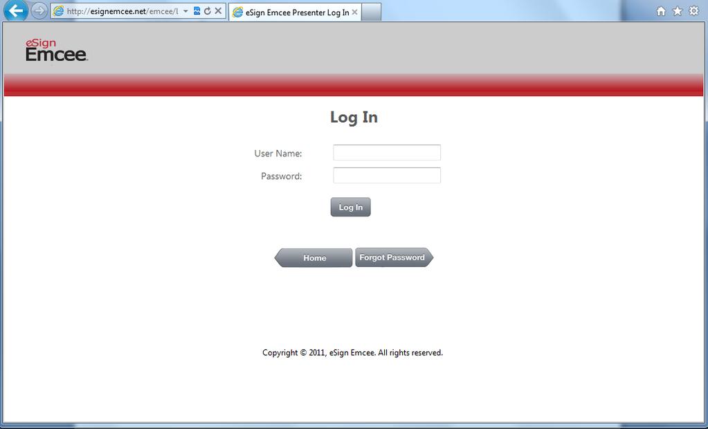 4.4 Log-In Page After clicking the Begin Presenter link, the Signer is brought to the Log In page, seen below.