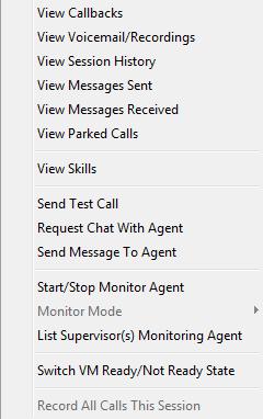 The list of possible actions displays in a pop-up window: To see the current state of all skills an agent may use, select