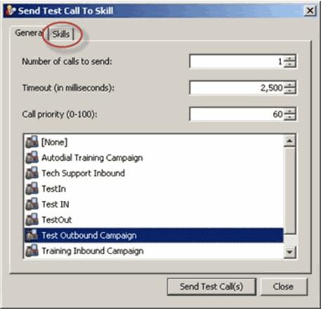 4 Select one or more skills. 5 Click Send Test Call(s).