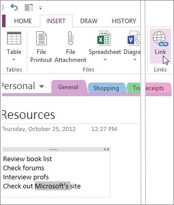You can also manually insert links into your notes (including links to text, pictures, and to other pages and sections of your notebooks), by doing the following: 1.