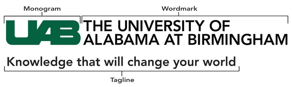 Anatomy of the Mark This preferred logo incorporates three graphic elements: the UAB monogram, The University of Alabama at Birmingham as the wordmark and the tagline Knowledge that will change your